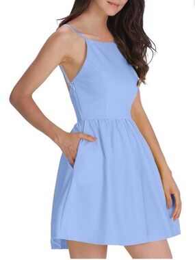 Light Blue Fancyinn Spaghetti Strap Backless Mini Skater Dress Size M